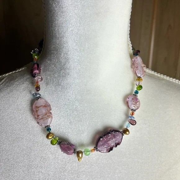 Women’s Multi-Color Beaded Necklace Set — Purple, Turquoise, Cream, Gold Accents - Picture 10 of 11